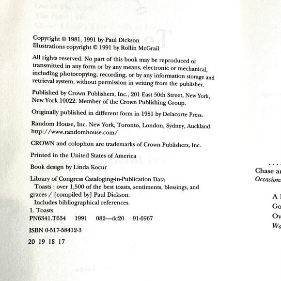 Toasts by Paul Dickson 1991 HC DJ | 1,500+ Toasts, Blessings & Quotes | Crown - Picture 5 of 8